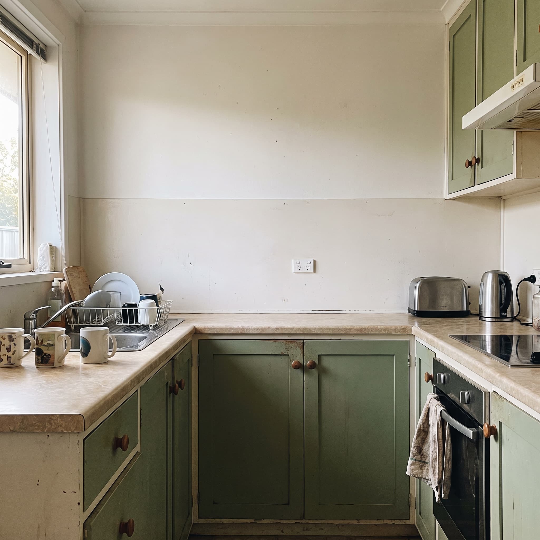 A kitchen, before and after a countertop and backsplash change — before